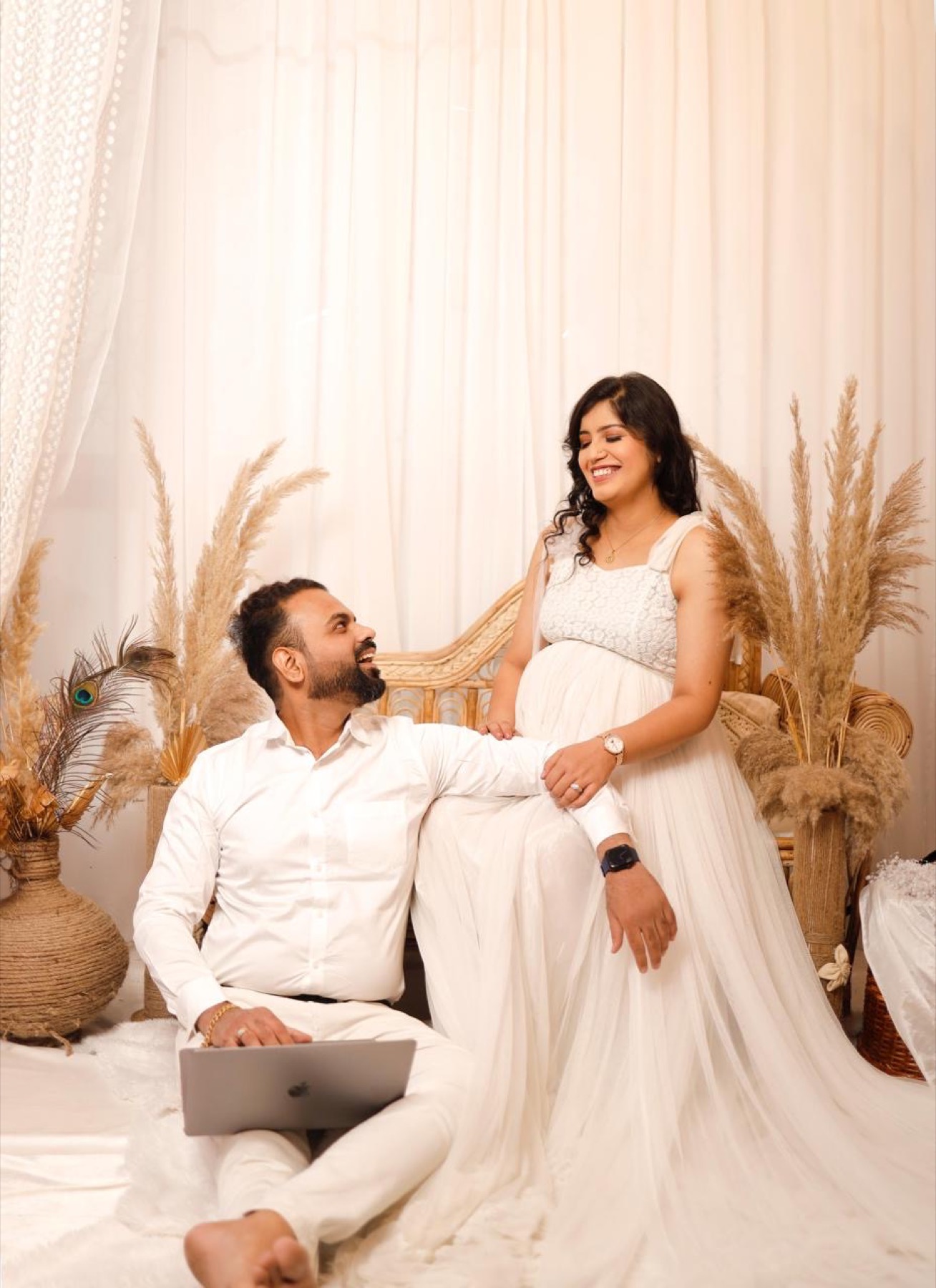 Maternity couple white boho studio photoshoot