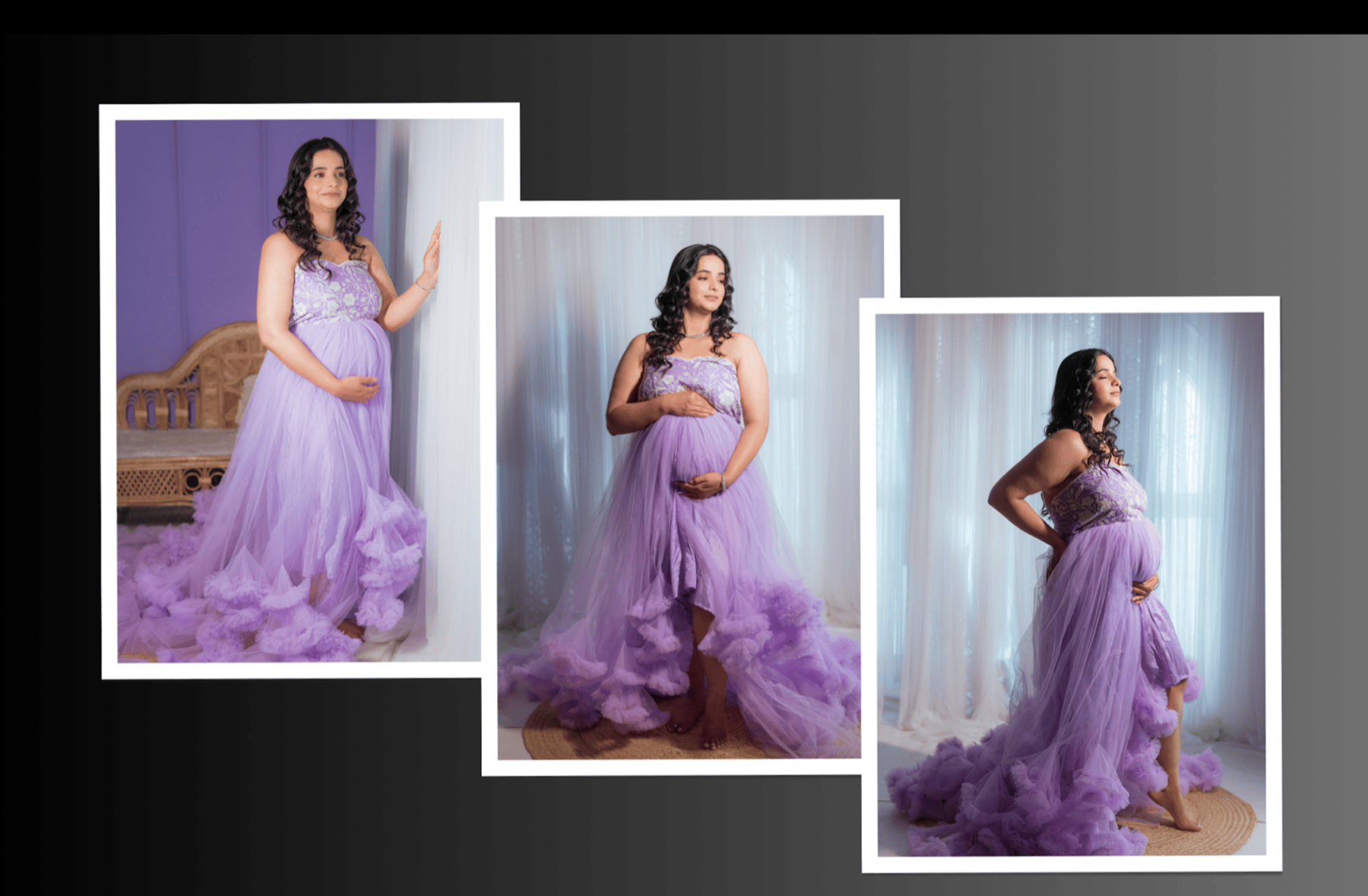 Purple maternity gown collage photoshoot