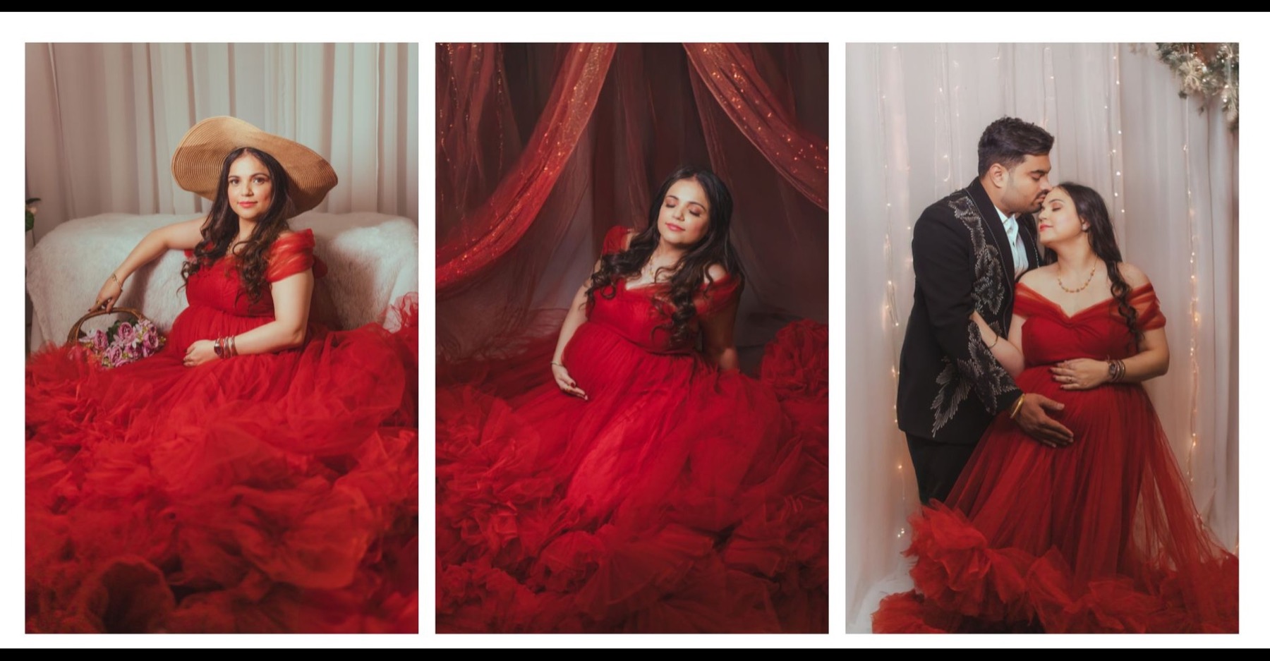 Red maternity gown couple collage photoshoot