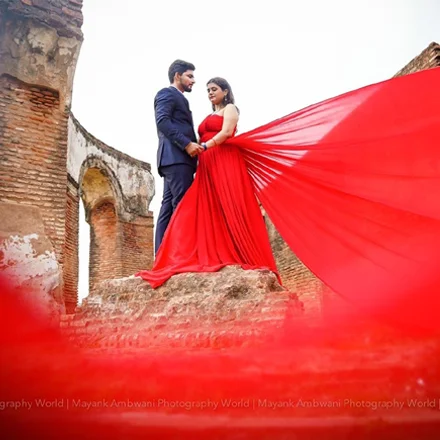 Prewedding referral offer with red rental gown